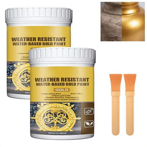 Weather Resistant Gold Paint, Water-Based Metal Acrylic Outdoor Coating for Metal and Wood, Quick-Drying Non-Fading Gold Leaf Paint for Furniture, Art Craft Projects and Home Decor DIY