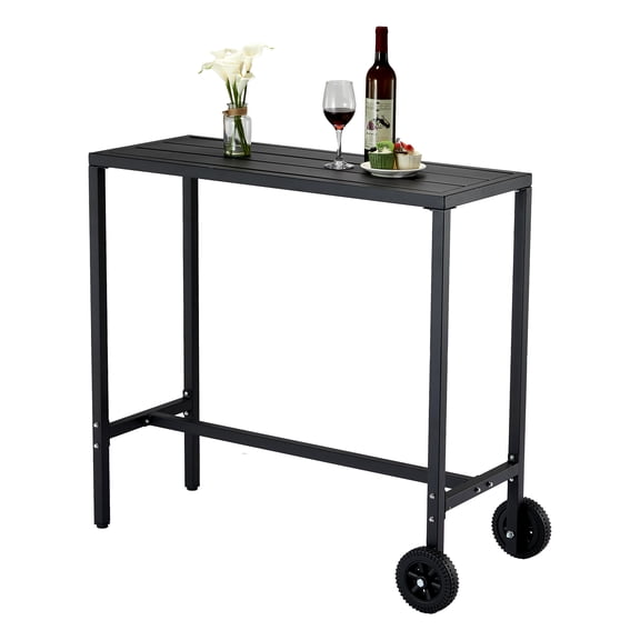 Weather-Resistant High Top Patio Bar Table with Wheels Metal Outdoor Dining Table Adjustable Leveling Feet Portable Rolling Table for Balcony, Kitchen Island, Home Bar Black