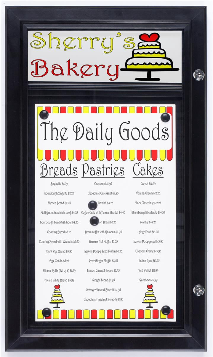 Weather Resistant, Magnetic Surface, Bulletin Board With Swing-Open Locking Door, Wall Mounted, Matte Black Finish Aluminum Frame, With Header, For Indoor Or Outdoor Use (ODM111711H)