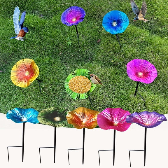 Weather Resistant Metal Outdoor Bird Bath Stake, Floral Shaped Ground Feeder Stand for Courtyards Gardens and Backyard Hummingbirds