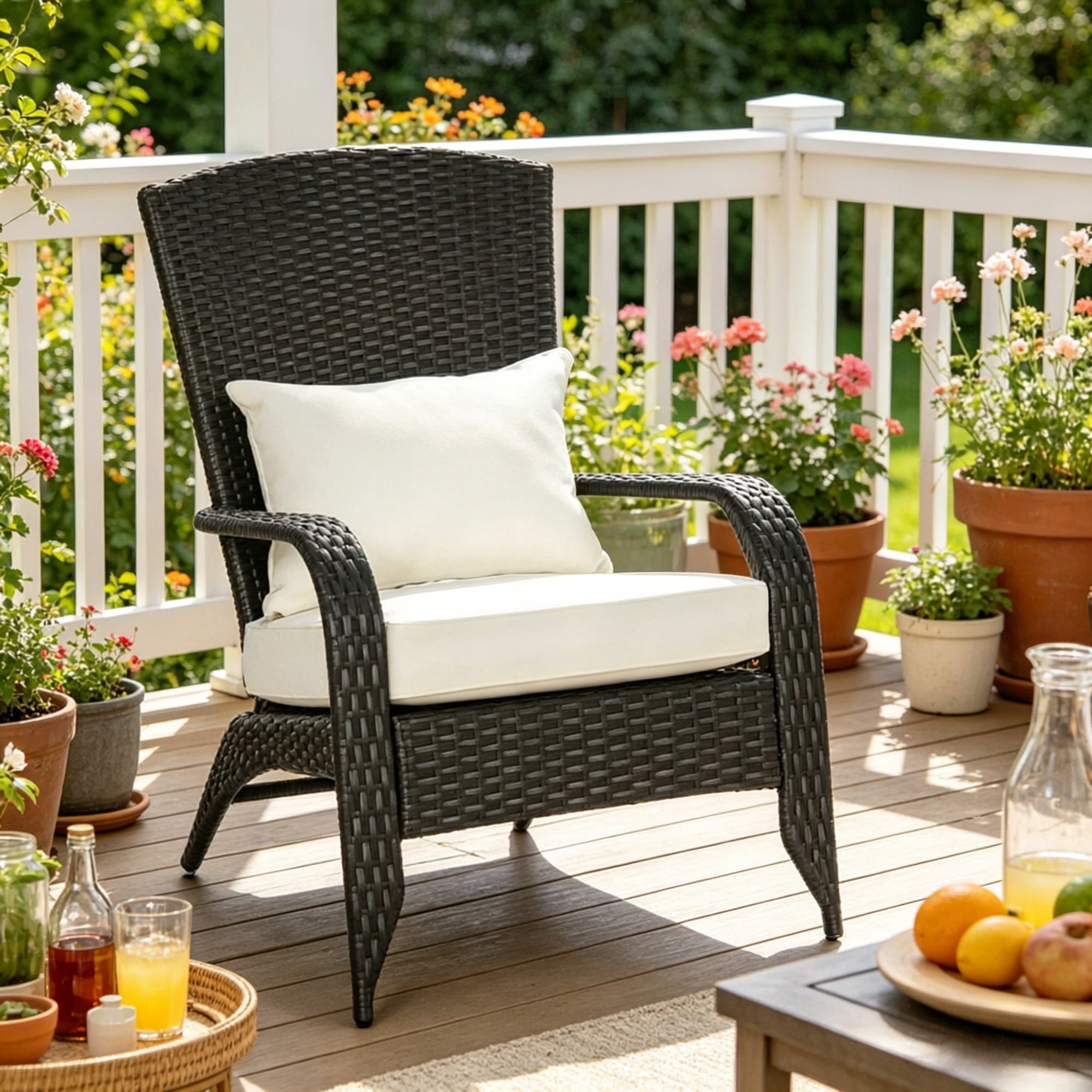 Weather Resistant PE Wicker Adirondack Chair with Zipper Removable Cushions, Steel Frame Curved Tall Back Patio Pool Porch Rattan Lounge Chair Holds 265 LBS