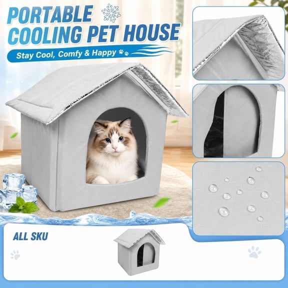 Weather Resistant Pet Haven, Outdoor Cat Shelter, Insulated Dog House Outdoor, Cooling Cat House, 13X15X17 Inch Portable Washable Air Conditioned Pet Cubby with 9 Ice Packs for