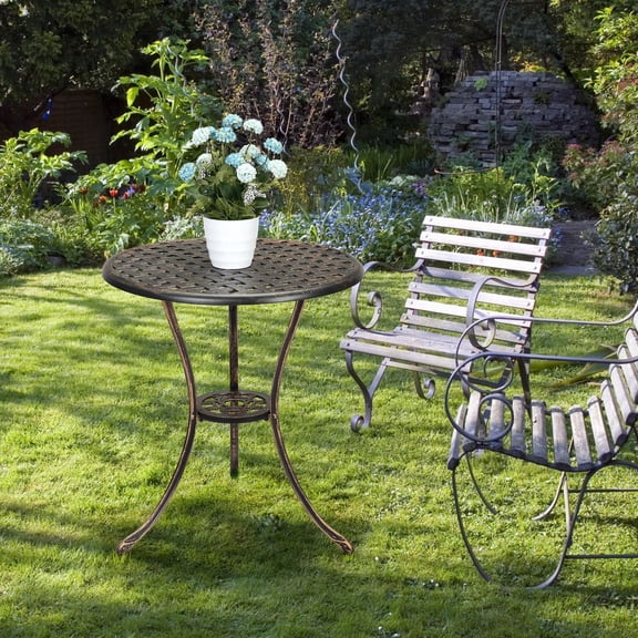 Weather-Resistant Round Cast Aluminum Patio Dining Table – 23.6" Outdoor Bistro Table with 2" Umbrella Hole – Classic Design for Garden, Porch, Balcony, or Backyard – Bronze 23.6"