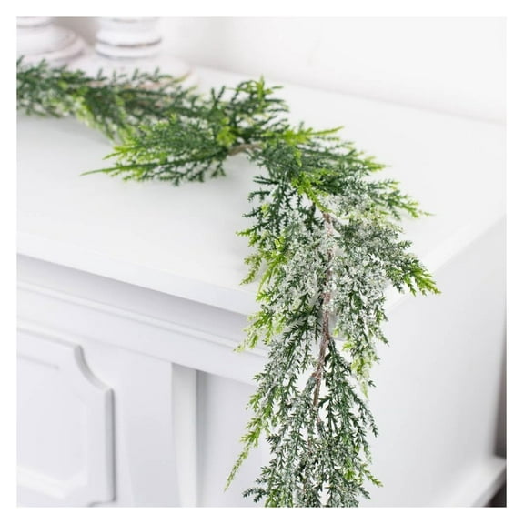 Weather Resistant Snowy Cedar - Winter Greenery ICY Juniper Pine Christmas - Holiday Decoration (Size - 6 feet Long)