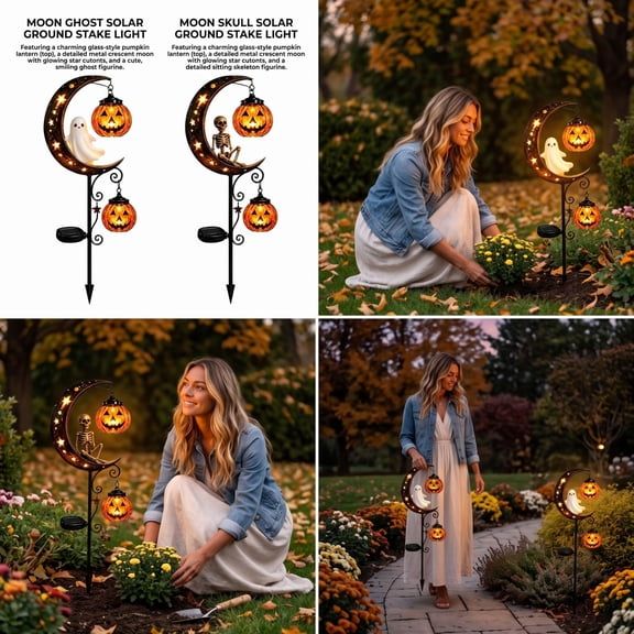 Weather Resistant Solar Pumpkin Moon Garden Stake Light & Ghost, Hanging Jack O Pumpkin Lantern Solar Halloween Decor For Front Yard Patio Lawn