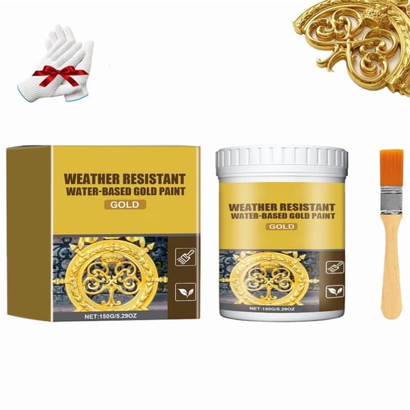 Weather Resistant Water-Based Gold Paint, Gold Acrylic Paint Metallic, Metallic Gold Paint for Metal, Waterproof G𝐨ld Leaf Paint for Arts, Paintings and Crafts