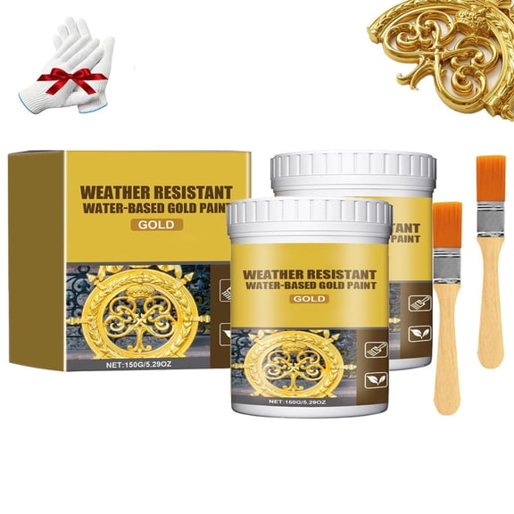 Weather Resistant Water-Based Gold Paint, Gold Acrylic Paint Metallic, Metallic Gold Paint for Metal, Waterproof G𝐨ld Leaf Paint for Arts, Paintings and Crafts