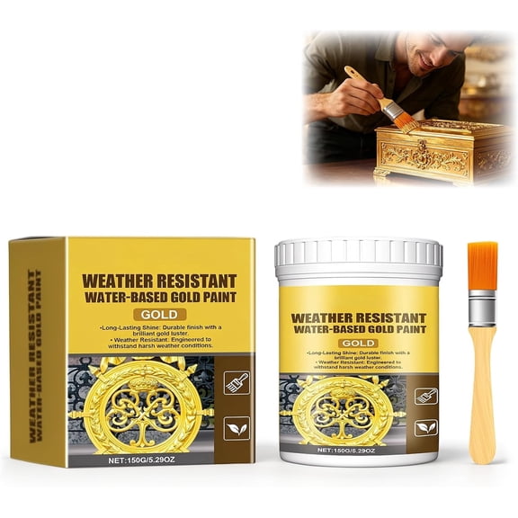 Weather Resistant Water Based Gold Paint, Gold Leaf Effect, Outdoor Gold Paint for Metal, Wood, Stone, Brilliant Shine, 5.29oz