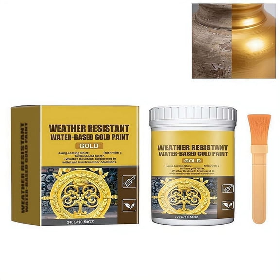 Weather Resistant Water-Based Gold Paint, High Gloss Gold Leaf Paint for Wood Metal Wood abric Stone and Plaster Surfaces Quick Drying and Safe on All Surfaces