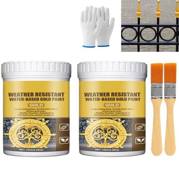 Weather Resistant Water-Based Gold Paint, Metallic Gold Paint, High Gloss Gold Leaf Paint for Furniture Metal, Wood, Crafts, And Home Decor (2 set)