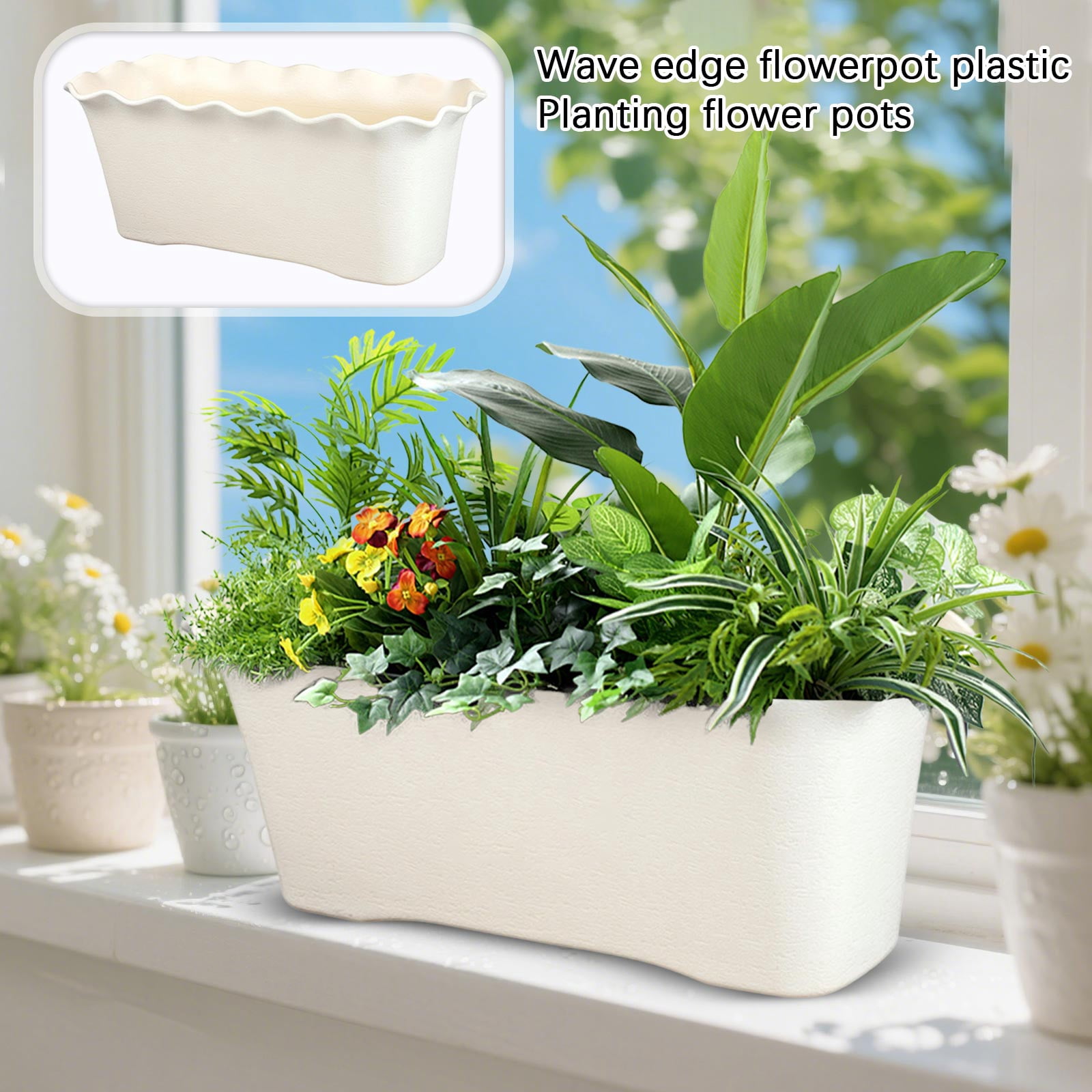 Weather Resistant Wavy Rim Planter Trough, 16.14in Outdoor Plastic Garden Flower Box, Vegetable & Herb Planting Pot for Patio Yard
