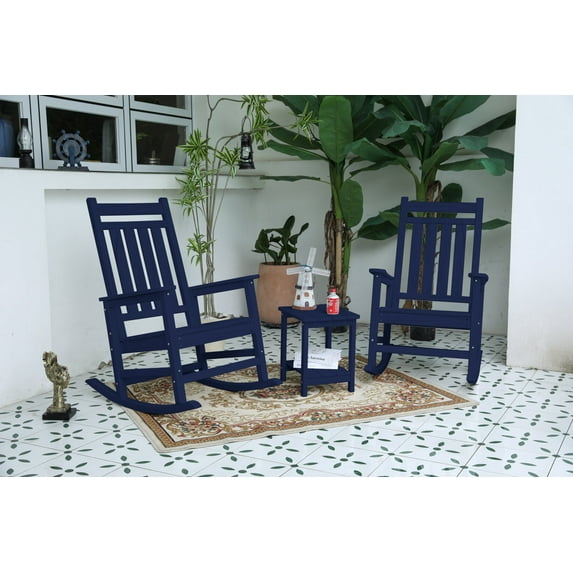 All Weather Rocking Chair Set with Side Table - Ergonomic Outdoor Seating, 3-Piece Navy Blue (2 Rocking Chairs + 1 Table) Durable for Backyard Relaxation