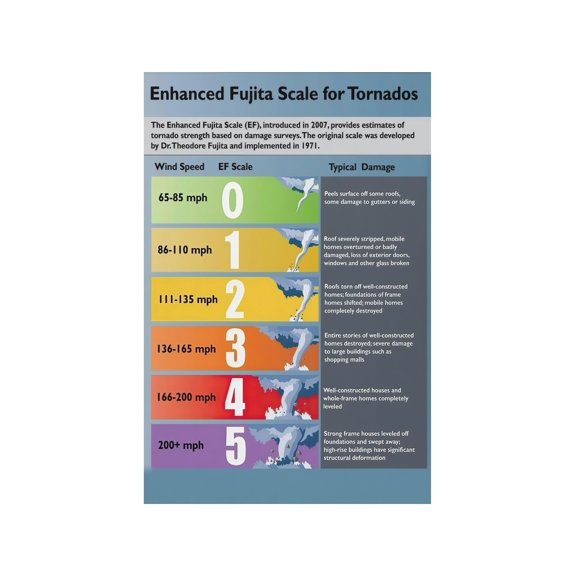 Weather Science Tornado Chart Poster Fujita Scale Damage Rating Reference Wall Decor Print for Storm Chaser and Meteorology Learning Space