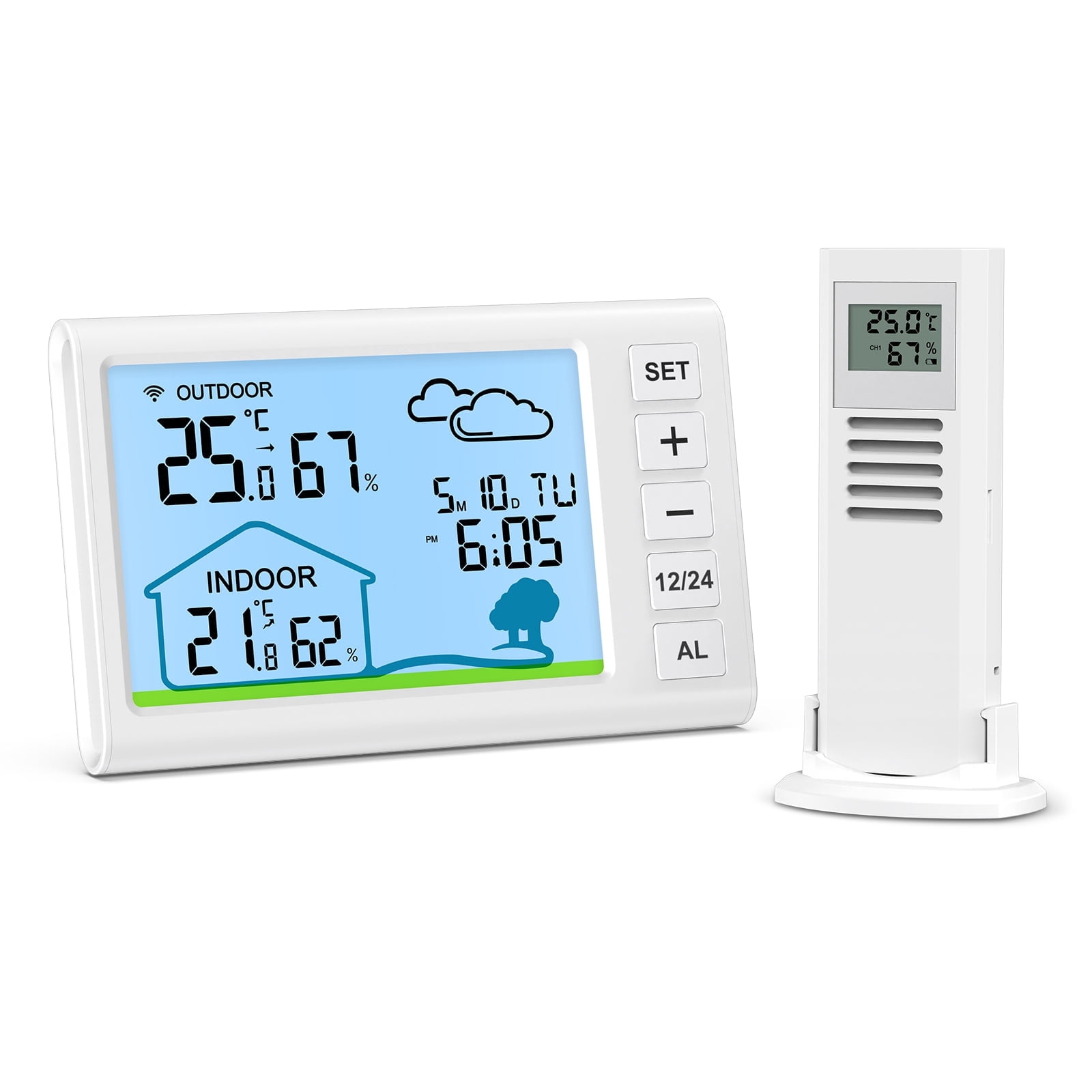 Weather Station, AMIR Indoor Outdoor Thermometer with Clock Alarm Snooze Humidity Gauge Indoor Thermometer for Home Kids Room Garden Greenhouse Office