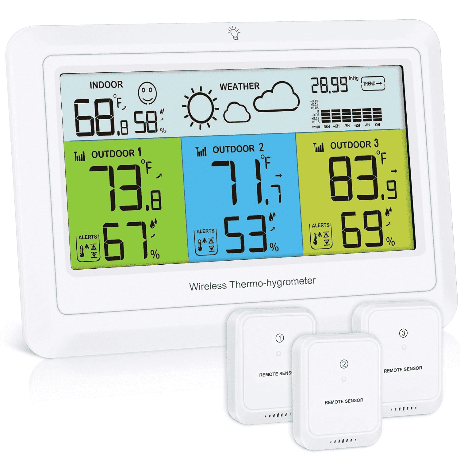 Weather Station, AMIR Indoor Thermometer with 3 Sensors Alert Barometer Pressure Backlight Forecast Outdoor Thermometer Humidity Gauge for Home Greenhouse Office