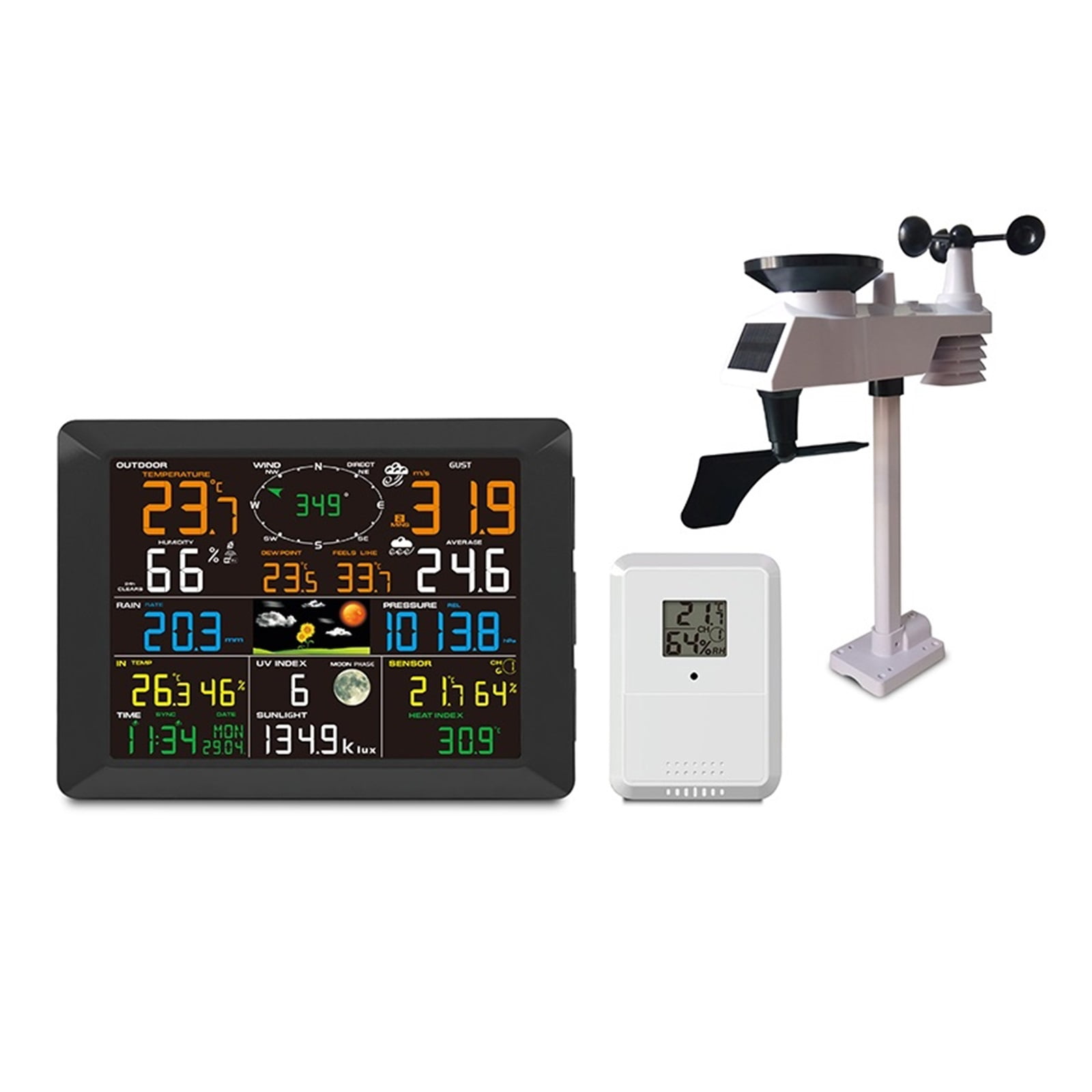 Weather Station Digital Alarm Wall Clock Indoor 2pcs Outdoor Humidity Pressure Anemometer Rain Gauge ,Easy to Install