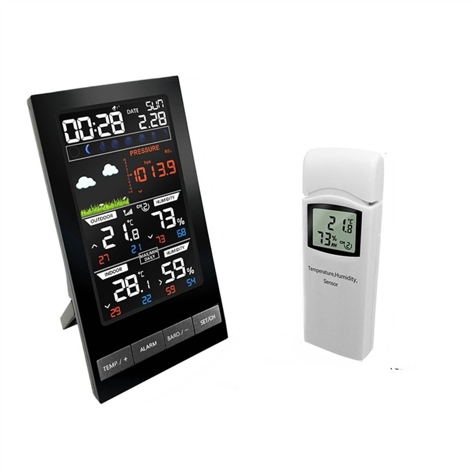 Weather Station Indoor Outdoor Sensor LED Temperature Humidity Forecast Snooze Table Digital Alarm Clock ,Easy to Operate