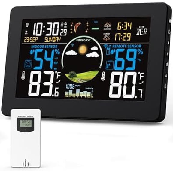 Weather Station Indoor Outdoor Thermometer, 7.5" VA Display with Remote Sensor, Weather Station with Weather Forecast, Temperature, Humidity, Atomic Clock, Black