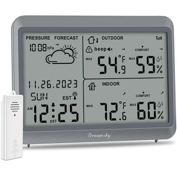 Weather Station Indoor Outdoor Thermometer Wireless - Atomic Clock with Indoor/Outdoor Temp, Date & Day, Battery Powered, Home Weather Forecast Clock with Inside Outside Temperature Humidity