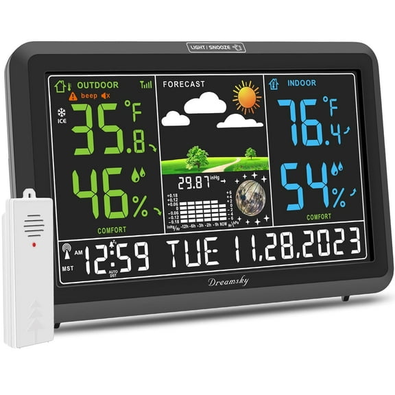 Weather Station Indoor Outdoor Thermometer Wireless with Digital Atomic Clock for Home, Large Display with Adjustable Backlight, USB Port, Inside Outside Temperature Humidity Monitor