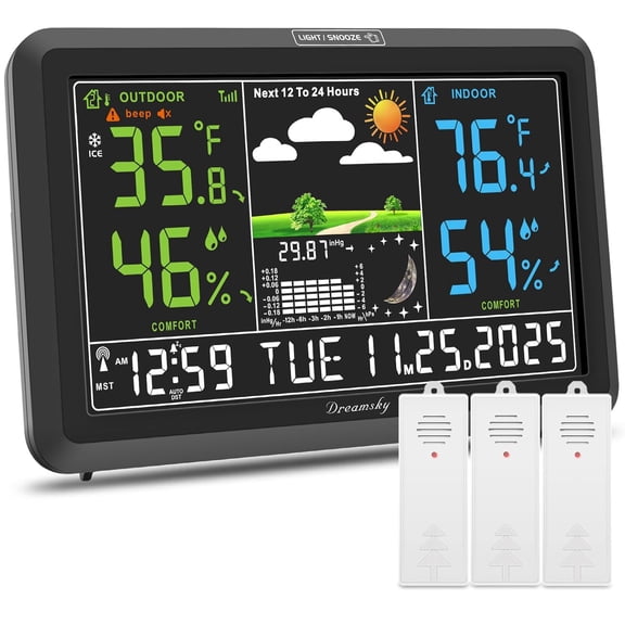 Weather Station Indoor Outdoor Thermometer Wireless with Digital Atomic Clock for Home, Large Display with Dimmer, USB Port, Inside Outside Temperature Humidity Monitor (Plug-in)-3 Sensors