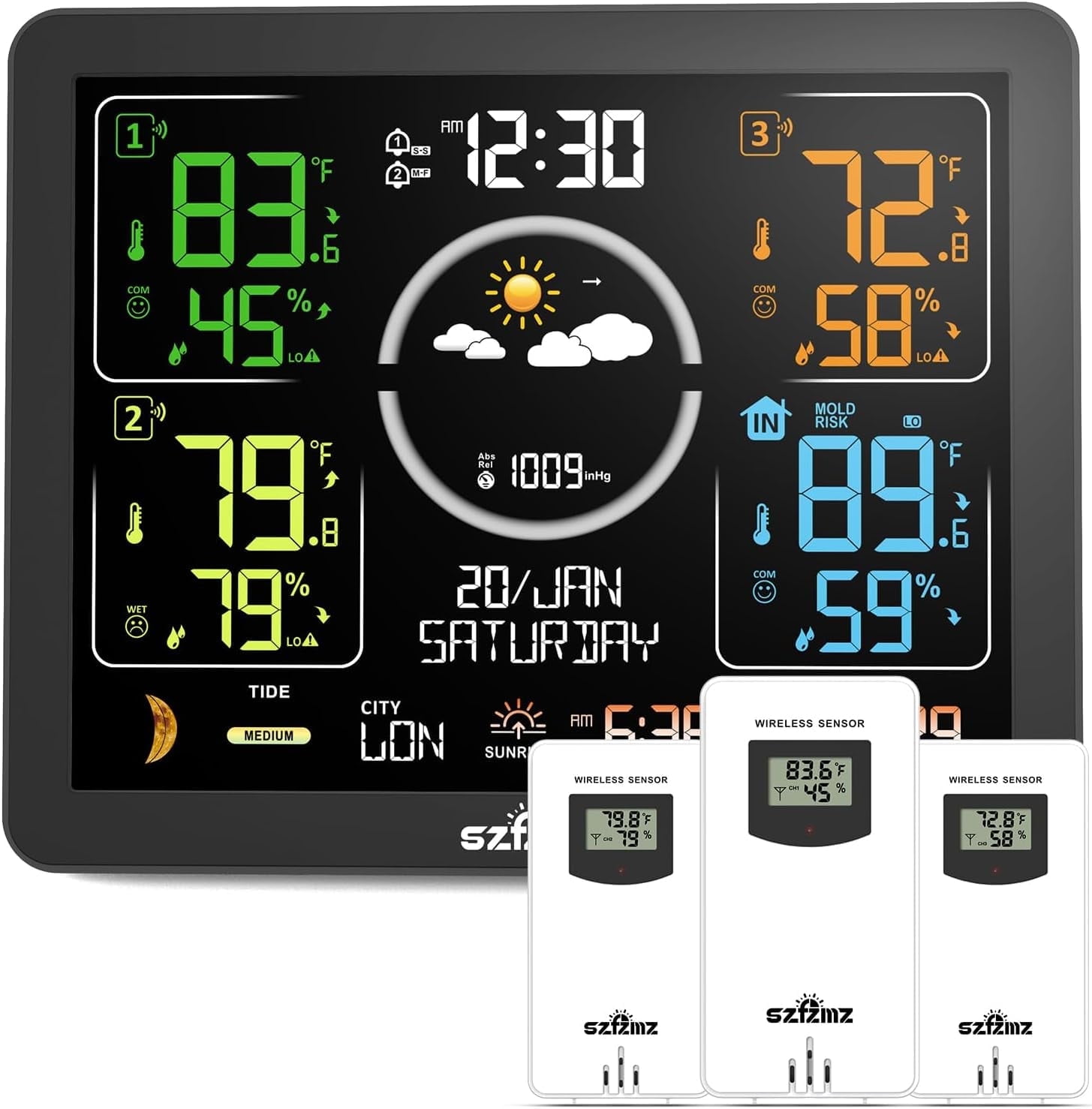 Weather Station Indoor Outdoor Thermometer Wireless with Multiple Sensors, VA Color Display Atomic Clock, Weather Forecast, Temperature, Humidity, and Adjustable Backlight