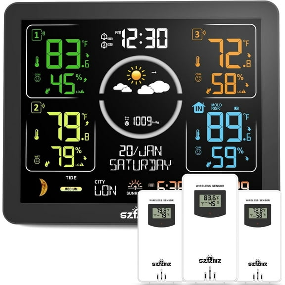 Weather Station Indoor Outdoor Thermometer Wireless with Multiple Sensors, VA Color Display Atomic Clock, Weather Forecast, Temperature, Humidity, and Adjustable Backlight