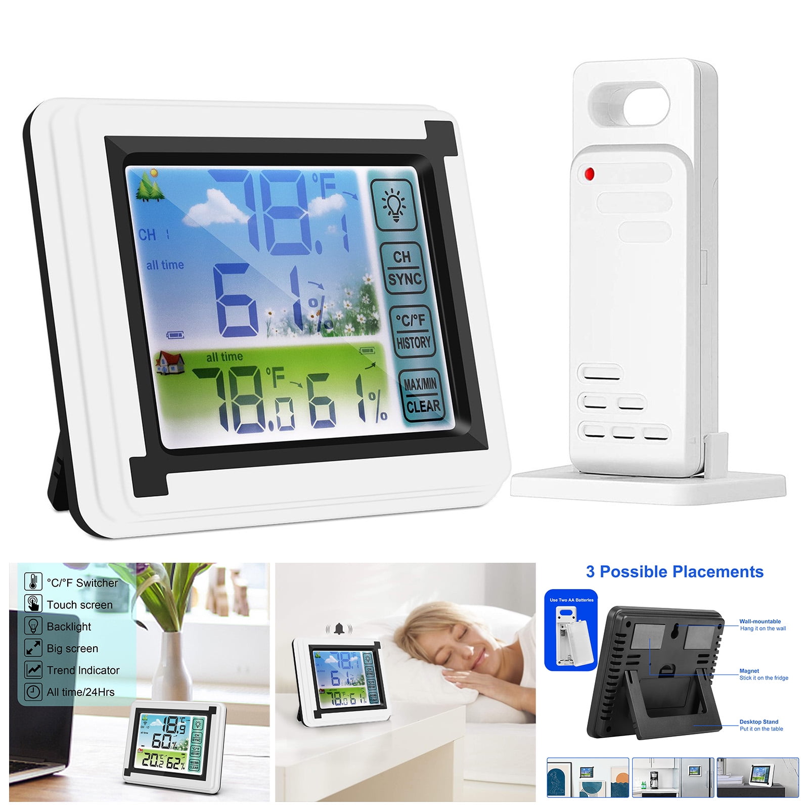 Weather Station with Indoor Outdoor Thermometer \u0026 Wireless Sensor, Digital Hygrometer Thermostat Temperature \u0026 Humidity Monitor with Touchscreen LCD Backlight Thermometer and Humidity Gauge