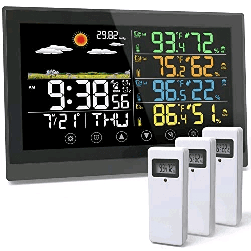 Weather Station, Indoor Outdoor Weather Station Wireless with Multiple Sensors, Color Display Digital Atomic Clock Indoor Outdoor Thermometer Wireless, Forecast Station with Adjustable Backlight