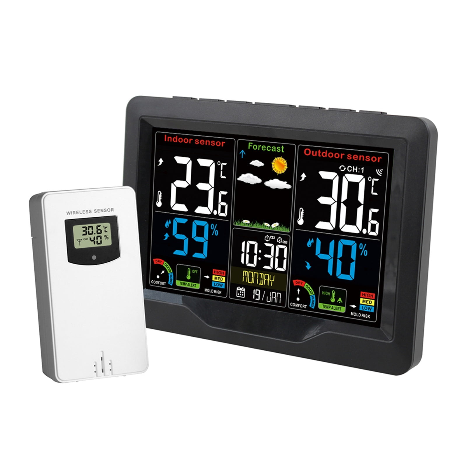 Weather Station Hygrometer Indoor Outdoor Temperature Humidity Meter LCD Display Sensor Color Display Digital Thermometer ,Easy to Operate