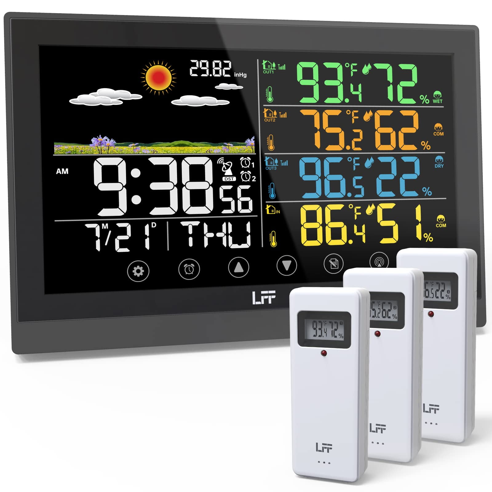 Weather Station, LFF Weather Stations Wireless Indoor Outdoor with Multiple Sensors, Color Display Digital Atomic Clock Indoor Outdoor Thermometer Wireless, Forecast Station with Adjustable Backlight