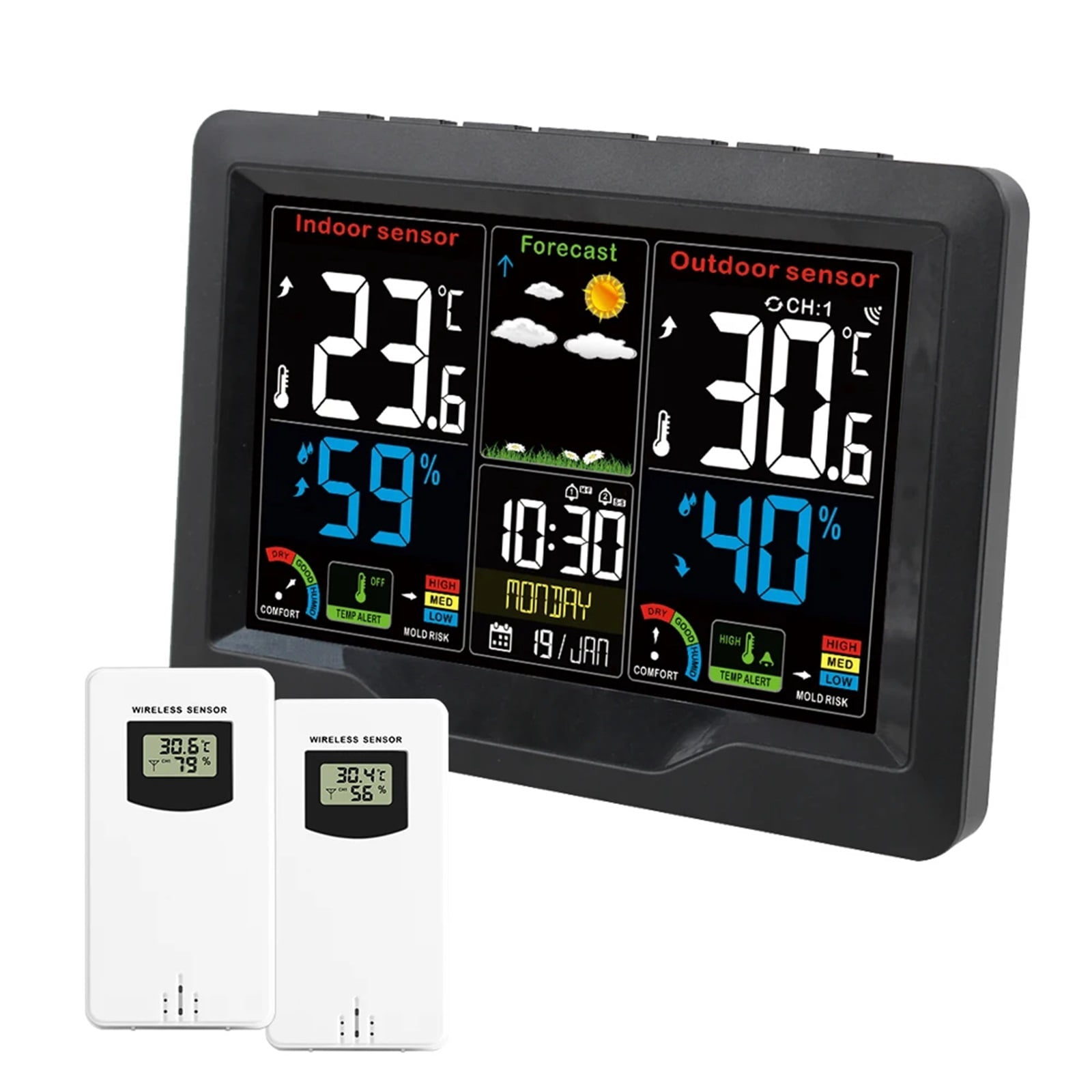 Weather Station Thermometer Humidity Forecast Mildew Grade Alarm Clock Wireless Desk Table Tool 3 with Outdoor Sensors ,High Precision