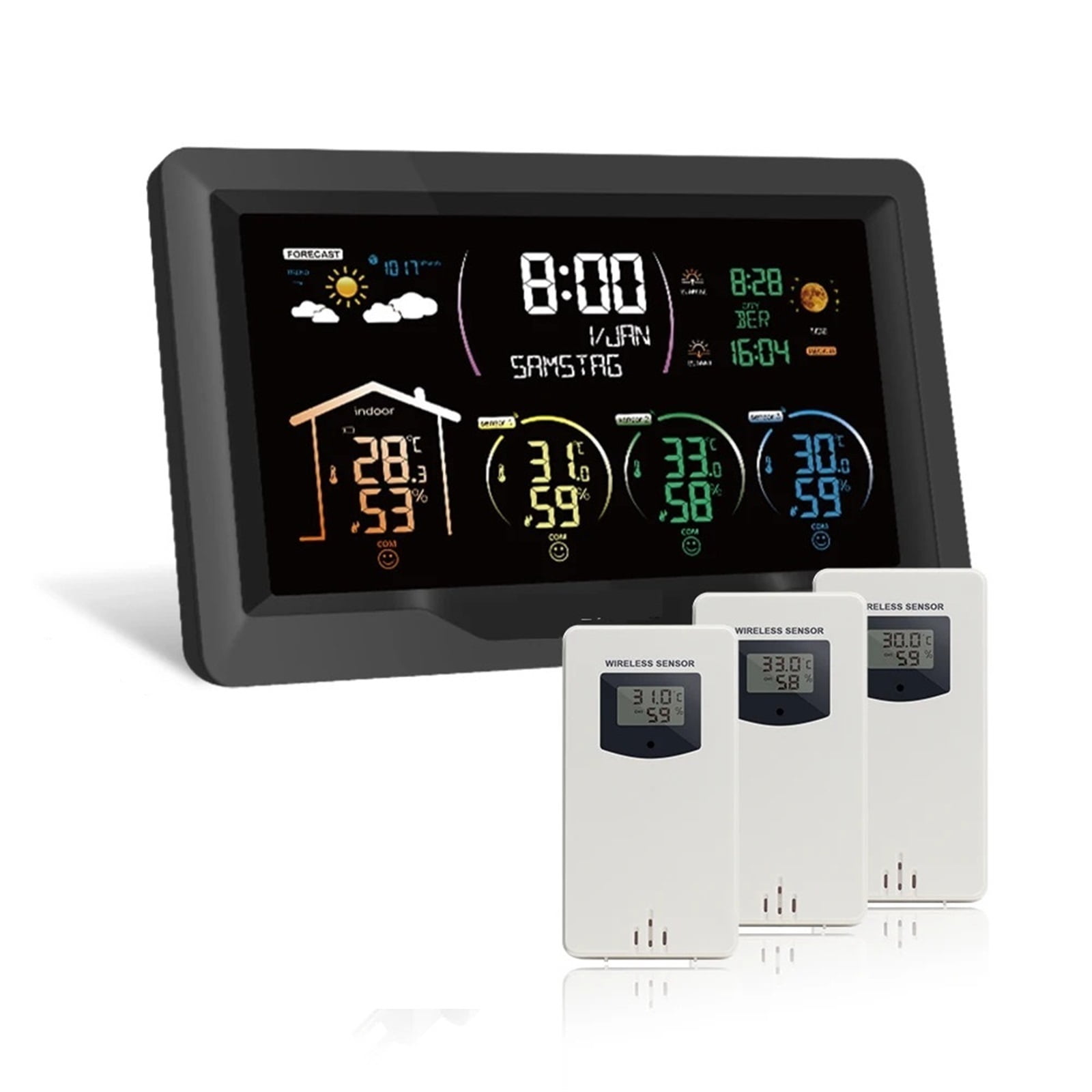 Weather Station Wireless Digital Indoor Outdoor Forecast Hygrometer Humidity Temperature Meter With 3 Sensors ,Excellent Visual Experience