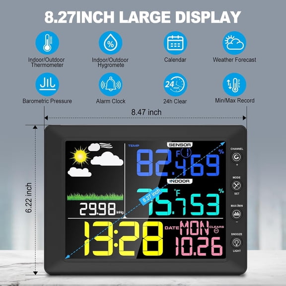Weather Station Wireless Indoor Outdoor, 8.3 Inch Color Display Digital Clock, Outdoor Weather Stations Wireless with Remote Sensor, Clock, Dew Point, Temperature, Humidity, Weather Forecast