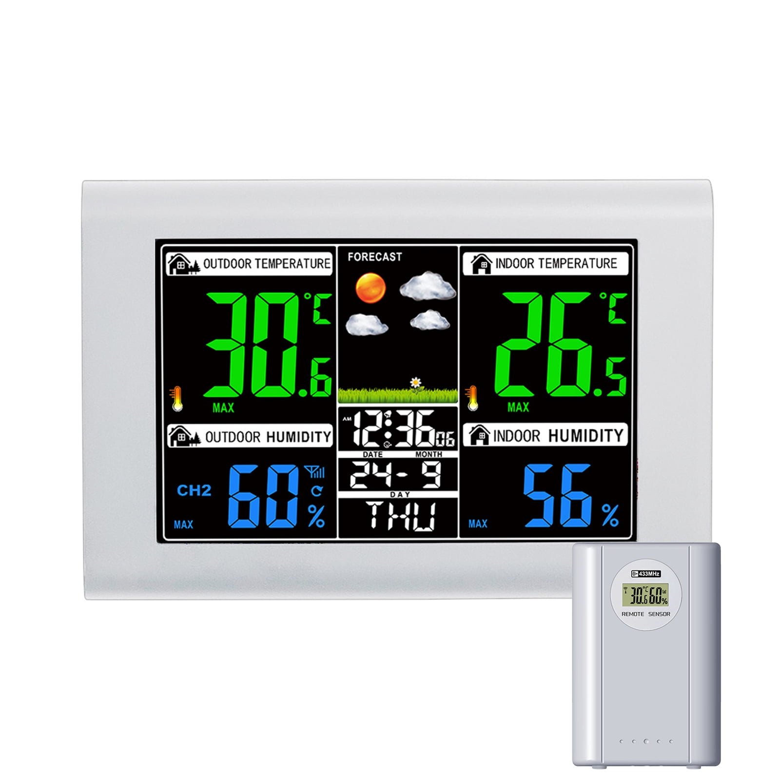 Weather Station Wireless Indoor Outdoor with Color Display, Atomic Clock & Alarm, Barometric Pressure, Forecast, Adjustable Backlight - 3-Level Backlight, White, 1 Sensor