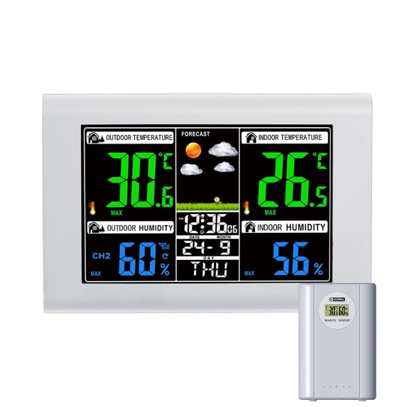 Weather Station Wireless Indoor Outdoor with Color Display, Atomic Clock & Alarm, Barometric Pressure, Forecast, Adjustable Backlight - 3-Level Backlight, White, 1 Sensor