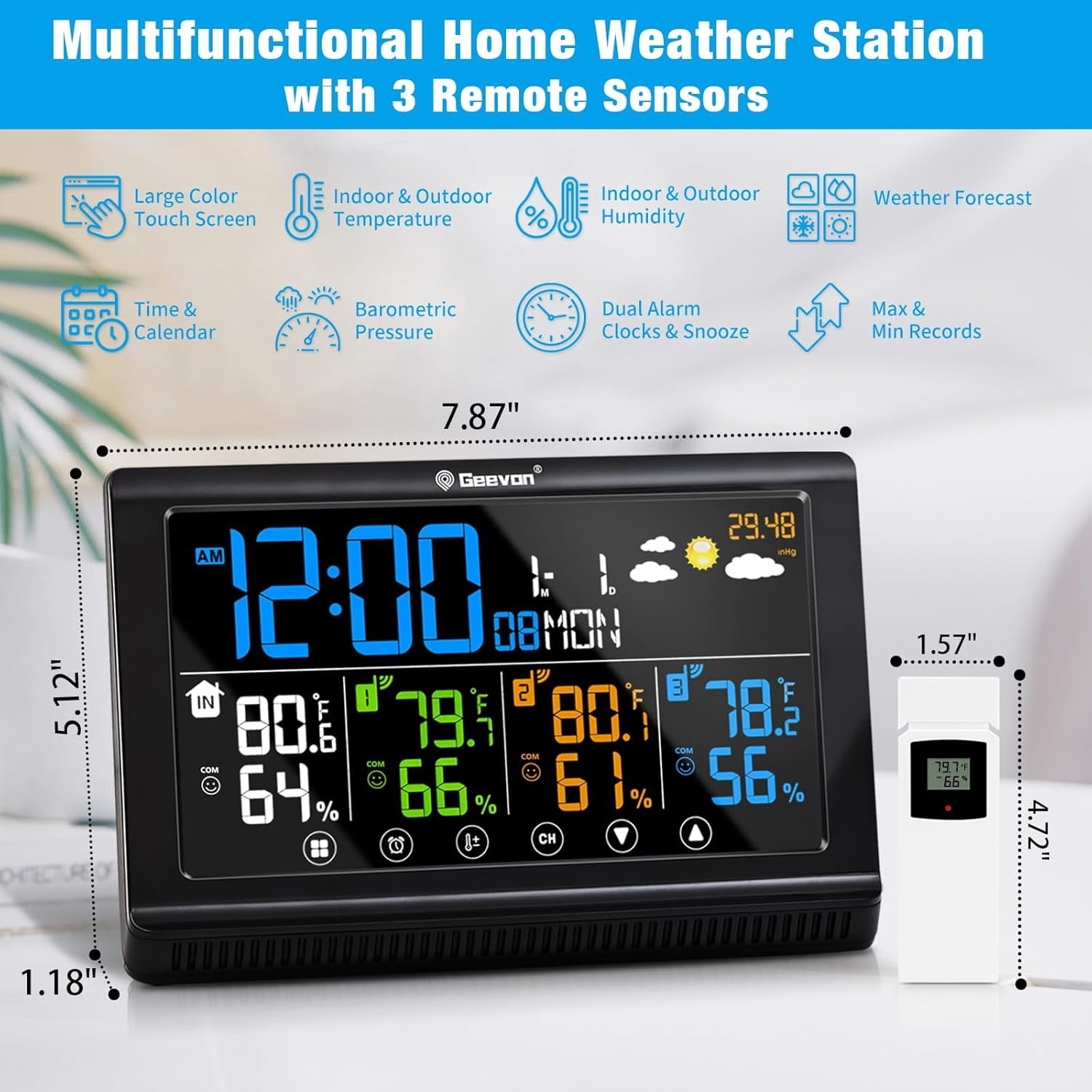 Weather Station Wireless Indoor Outdoor Thermometer 3 Sensors, Color Display Digital Temperature Humidity Monitor with Barometer, Calendar, USB Charge and Adjustable Backlight