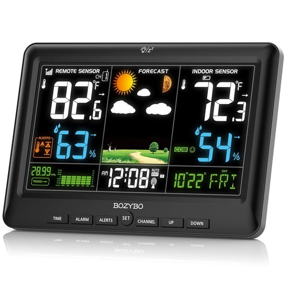 Weather Station Wireless Indoor Outdoor Thermometer: Digital Atomic Clock with Indoor/Outdoor Temp, Temperature Gauge Weather Clock with Calendar and Adjustable Backlight