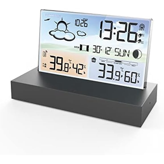 Weather Station Wireless Indoor Outdoor Thermometer, Digital Large Color Display Adjustable Backlight Weather Forecast Station w/Atomic Clock, Calendar, Alarm, Moon Phase, Temperature, Humidity