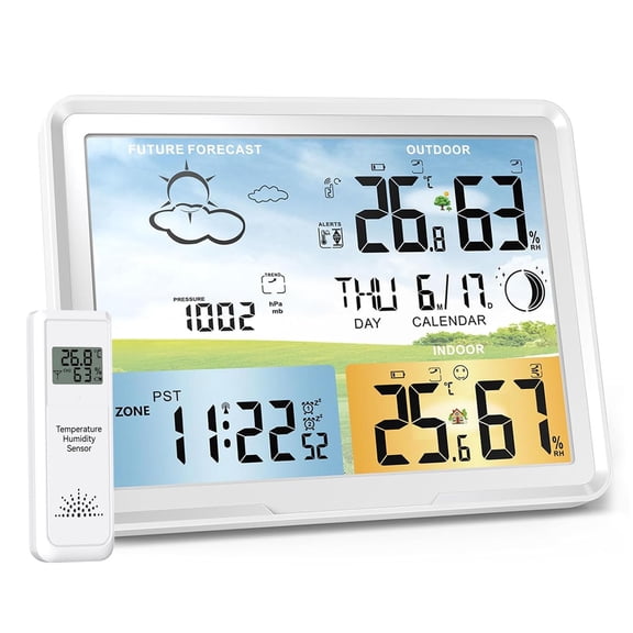 Weather Station Wireless Indoor Outdoor Thermometer, Digital Thermometer with Remote Sensor, Full Color Large Display Weather Station with Atomic Clock, Barometric Pressure, Weather Forecast-White
