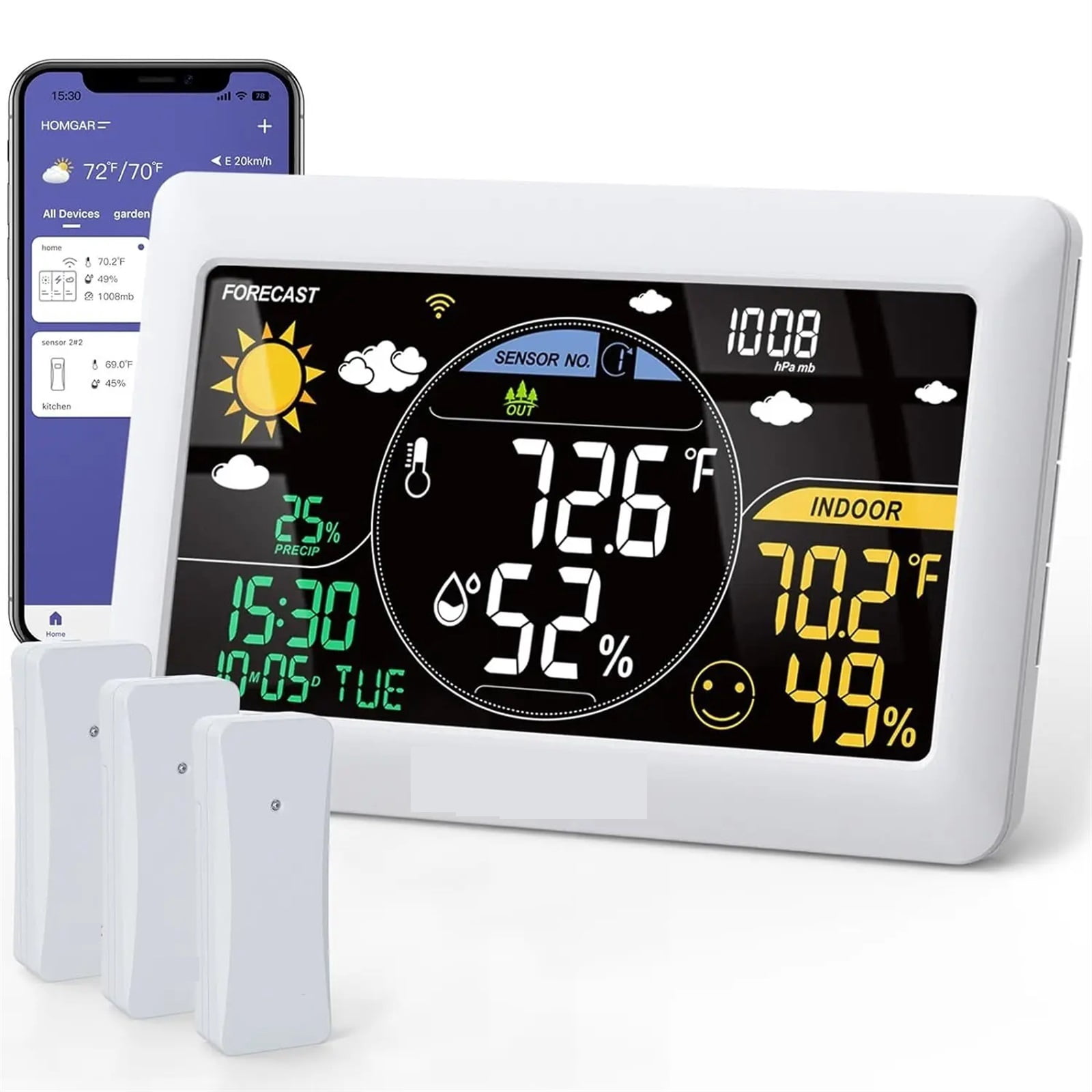 Weather Station Wireless Indoor Outdoor Thermometer Wall Alarm Clock Pressure App Online Real-time Forecast Monitor ,Excellent Visual Experience