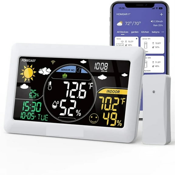 Weather Station Wireless Indoor Outdoor Thermometer Wall Alarm Clock Pressure App Online Real-time Forecast Monitor ,High Precision