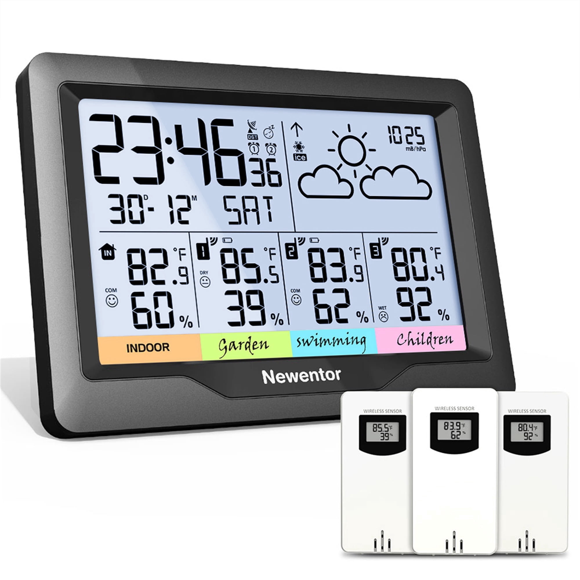 Weather Station Wireless Indoor Outdoor Thermometer with 3 Outdoor Sensor, Black