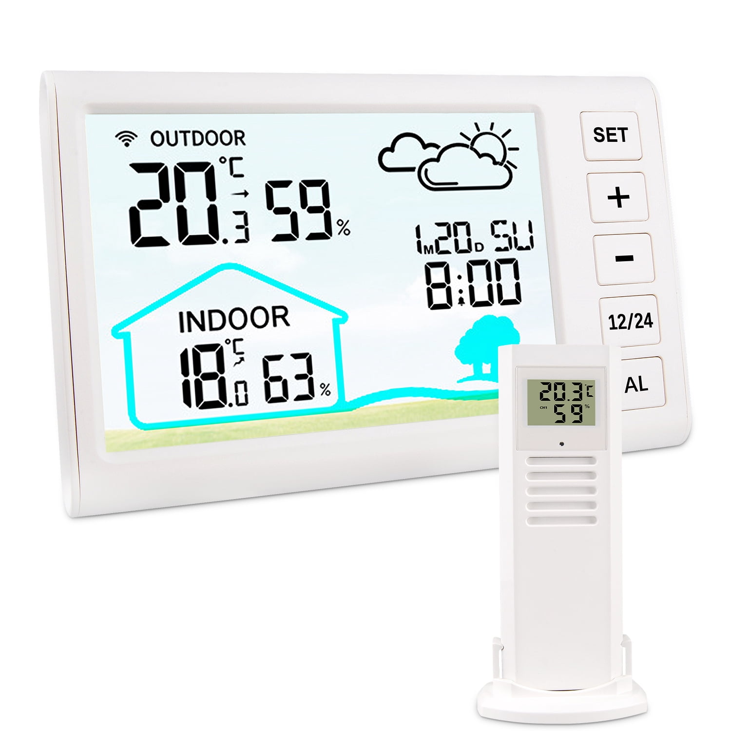AILKIN Weather Stations for Home with Outdoor Sensor,Wireless Indoor Outdoor Thermometer Humidity Monitor,Backlight,Time/Clock Setting Forecast Weather Stations for Home Large Dispaly,White