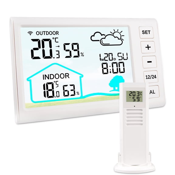 AILKIN Weather Stations for Home with Outdoor Sensor,Wireless Indoor Outdoor Thermometer Humidity Monitor,Backlight,Time/Clock Setting Forecast Weather Stations for Home Large Dispaly,White
