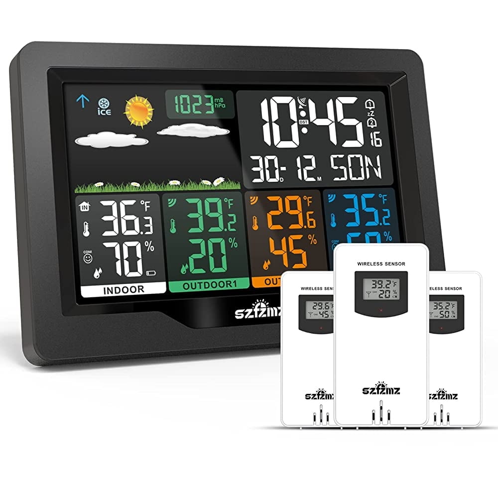 Weather Stations Wireless Indoor Outdoor With 3 Sensors, Color Display Weather Station Indoor Outdoor Thermometer Wireless Weather Forecast Station, Digital Atomic Clock With Backlight