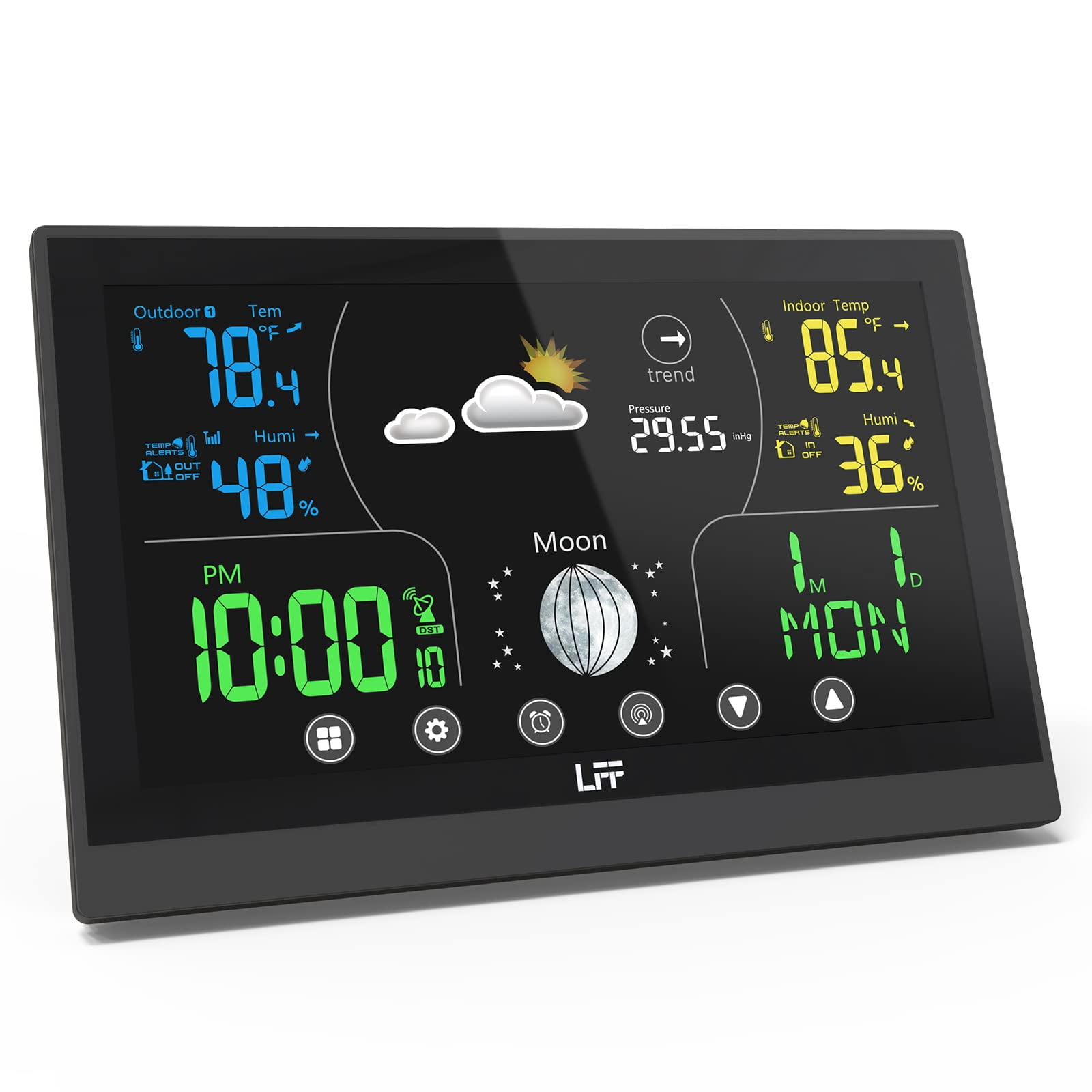 LFF Weather Stations, Wireless Indoor Outdoor Thermometer, Color Display Digital Weather Station with Atomic Clock, Forecast Station and Calendar