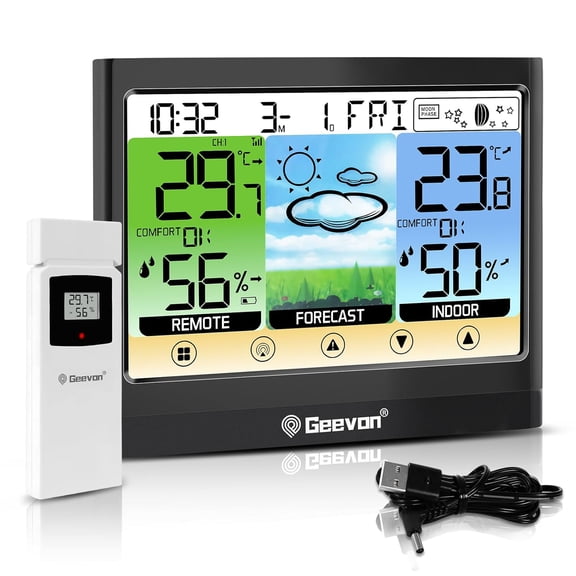 Weather Stations Wireless Indoor Outdoor Thermometer Hygrometer with Dew Point, Heat Index, Touch LCD Display Digital Weather Thermometer with Alarm Clock and Adjustable Backlight