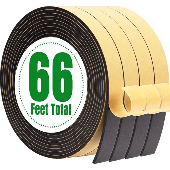 Weather Stripping Seal 4 Rolls, 66 Ft L x 4/5 in W x 1/8 in T, High Density Self Adhesive Foam Tape, Wide Weather Strip for Door and Window Gaps, Soundproof Noise Reduction,Winter Protection