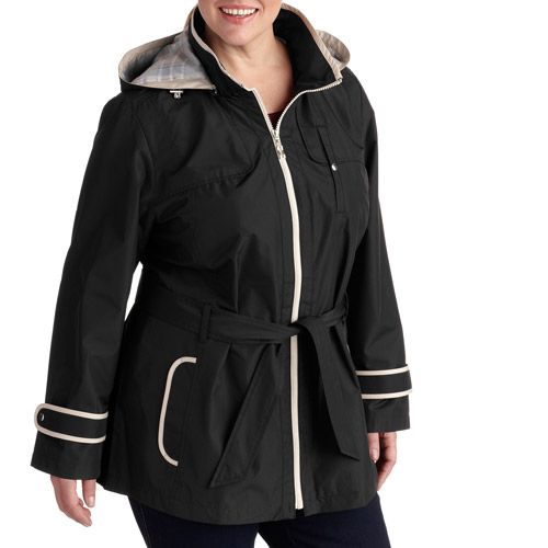 Weather Tamer Womens Plus Size Belted Trench With Hood